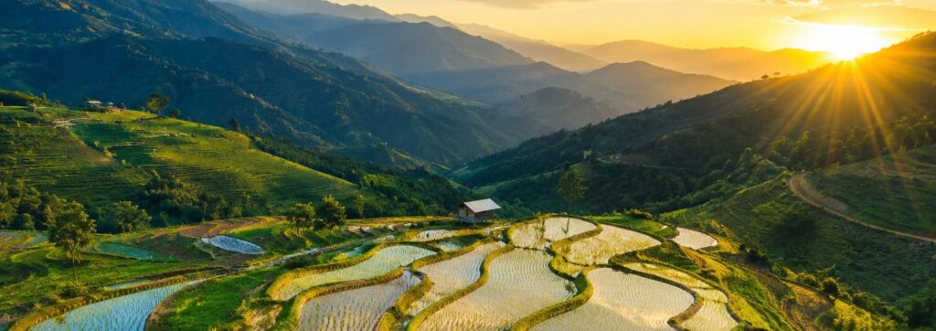 Terraced rice fields in Lai Chau, Vietnam, glowing at sunrise with mountain views