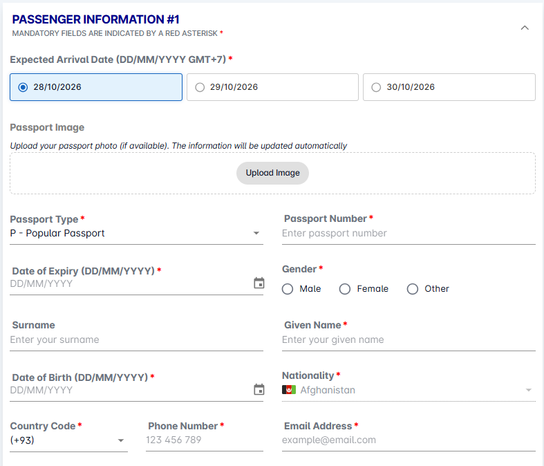 PAI pre-arrival information form
